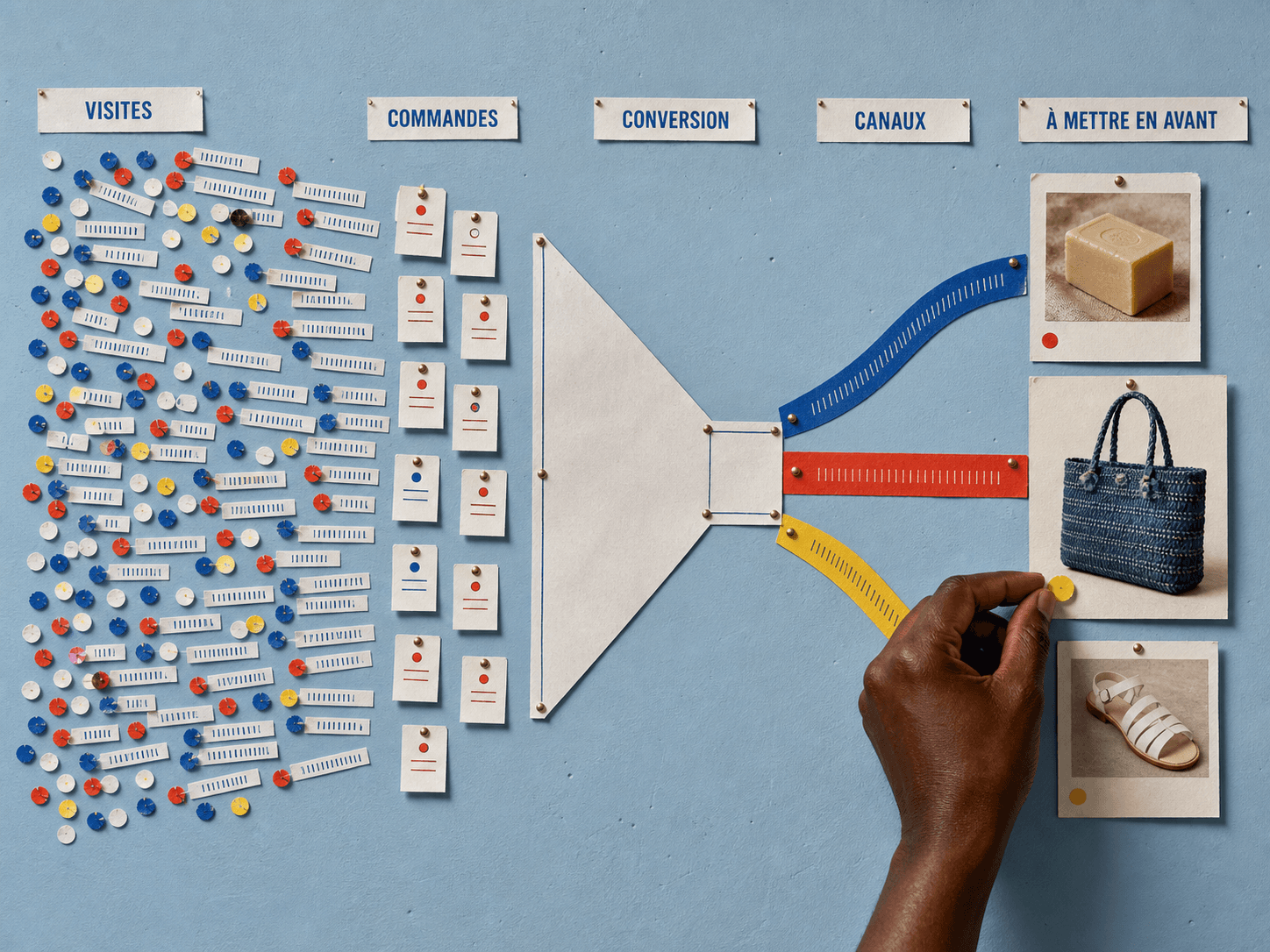 Un mur de décision transforme les visites, commandes, conversions et canaux en choix du produit à mettre en avant.